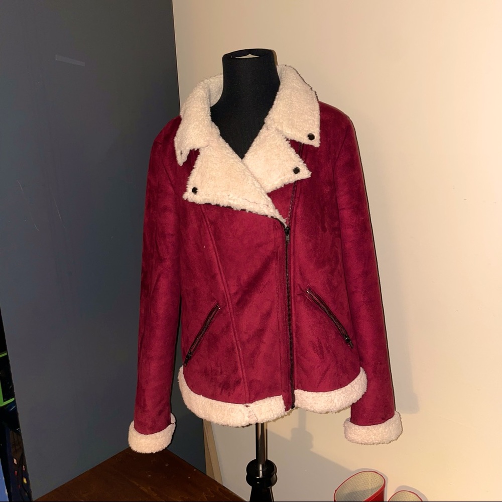 Just Fab faux fleece lined Moto jacket cranberry cream zip front pockets warm